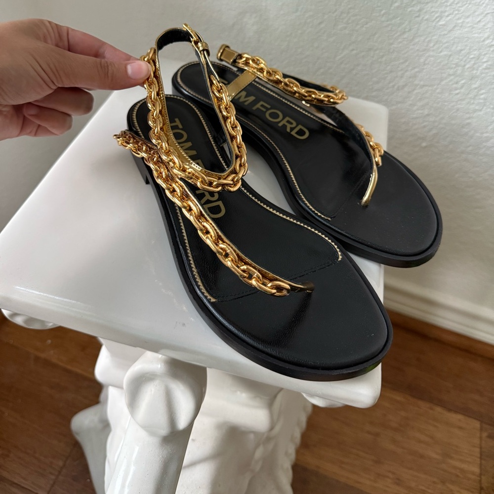 Tom Ford MIRROR LEATHER CURVE CHAIN THONG SANDAL Size 37 - Picture 3 of 14